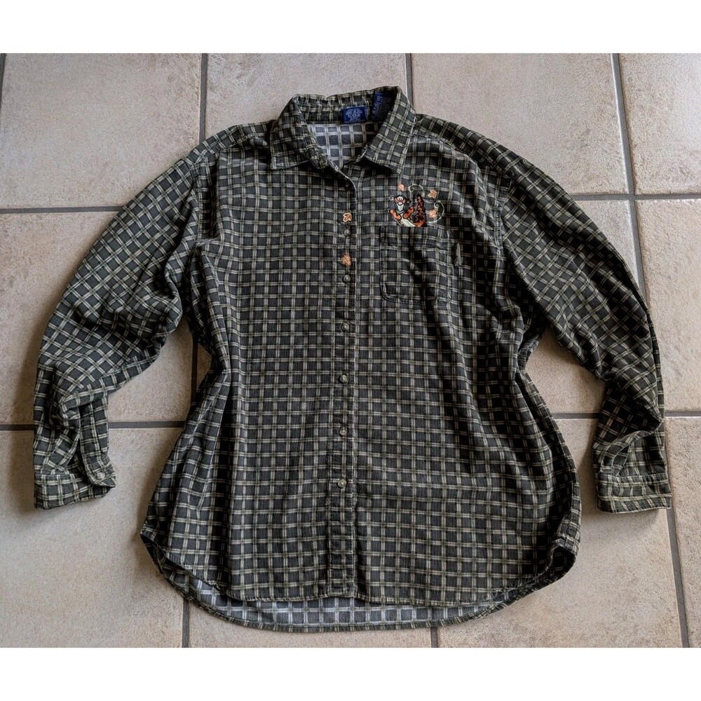 POOH Tigger Disney Plaid Green Corduroy Autumn Leaves Long Sleeve Shirt XL EUC